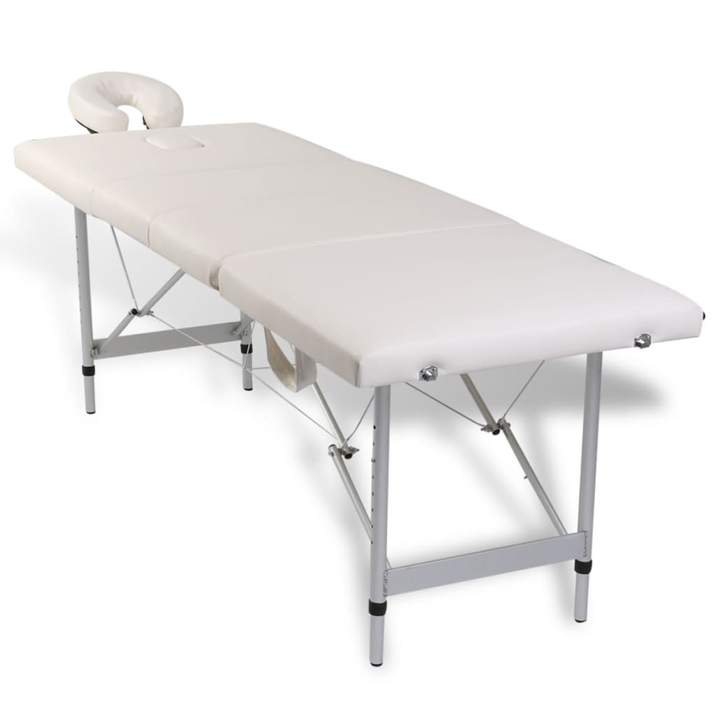 vidaXL طاولة مساج بيضاء كريمي قابلة للطي 4 أقسام بإطار ألمنيوم