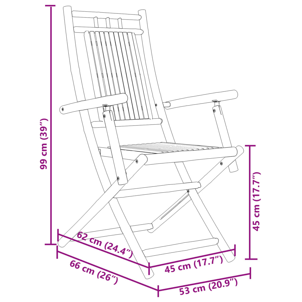 vidaXL كراسي حديقة قابلة للطي 2 ق 99x66x55 سم خيزران