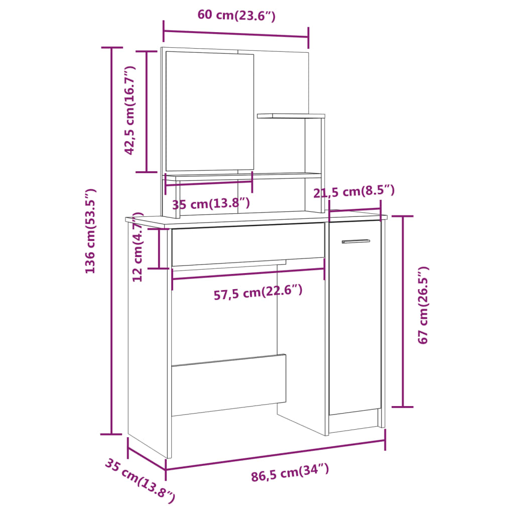 vidaXL طاولة تسريحة مع مرآة سونوما أوك 86,5×35×136 سم
