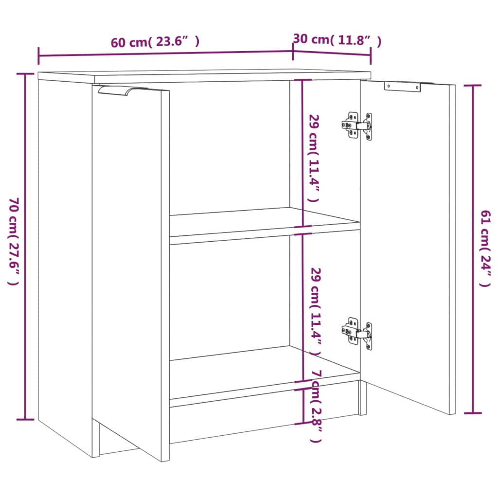 vidaXL خزانات جانبية 2ق لون أبيض شديد اللمعان 60×30×70 سم خشب صناعي