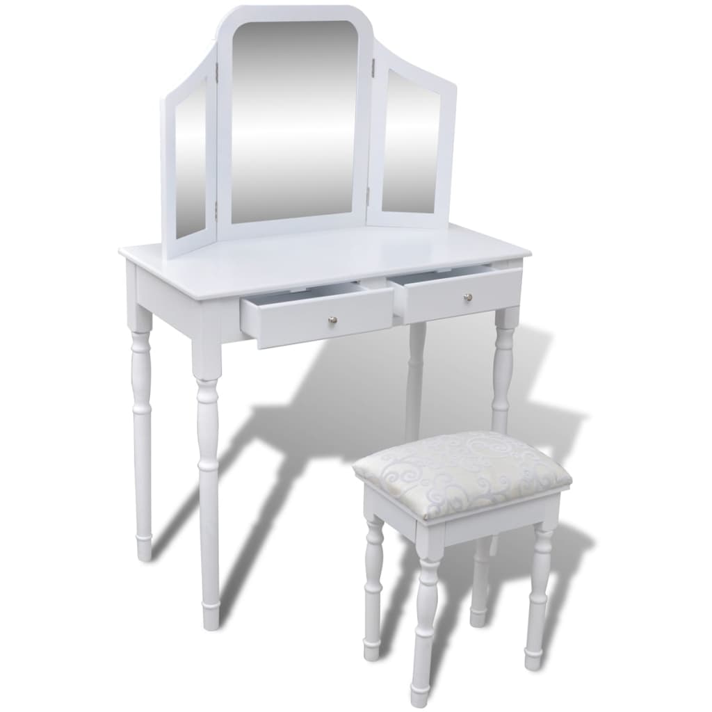 vidaXL طاولة تسريحة 3 في 1 مرآة وكرسي ودرجين أبيض