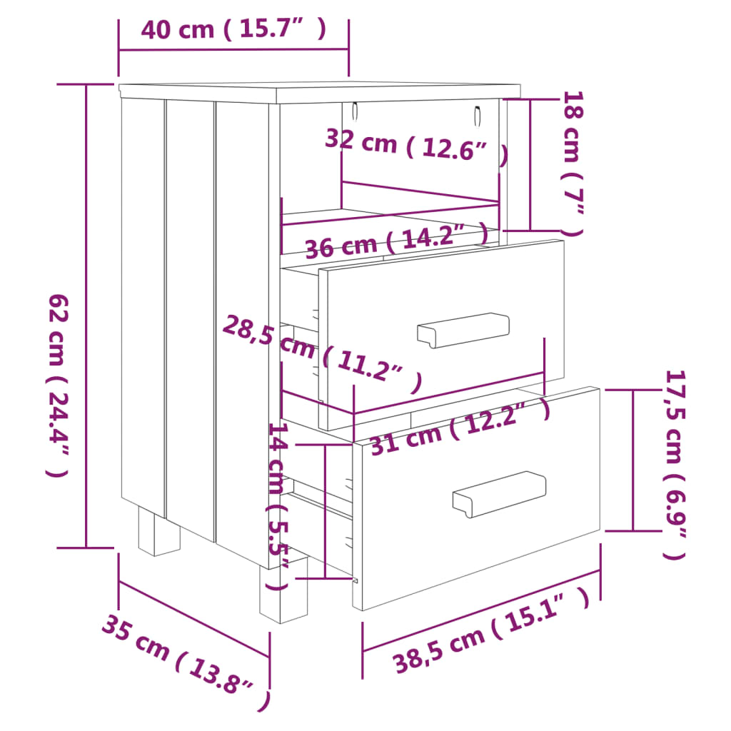vidaXL خزانات جانب السرير 2 ق رمادي فاتح 40×35×62 سم خشب صنوبر صلب