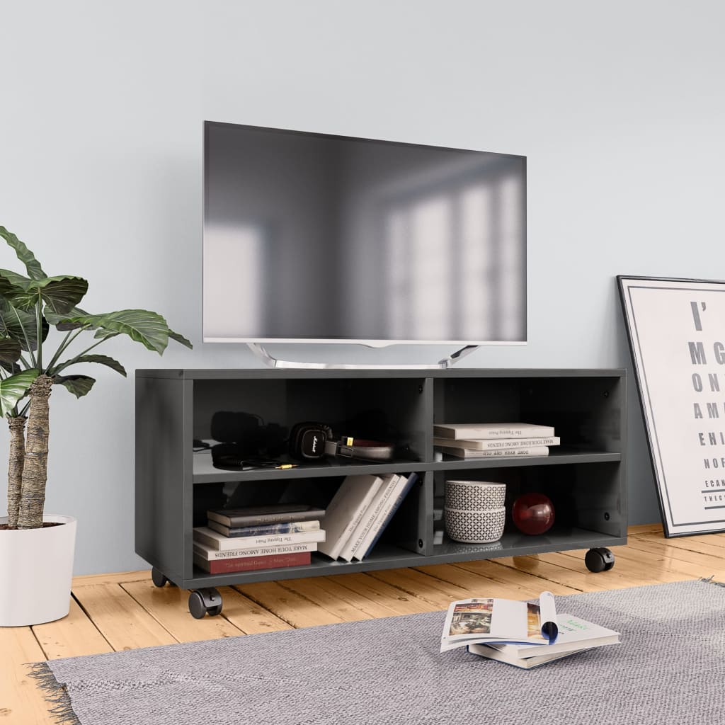 vidaXL 802173 vidaXL TV Cabinet with Castors High Gloss Grey 90x35x35 cm Chipboard (AU/US only)
