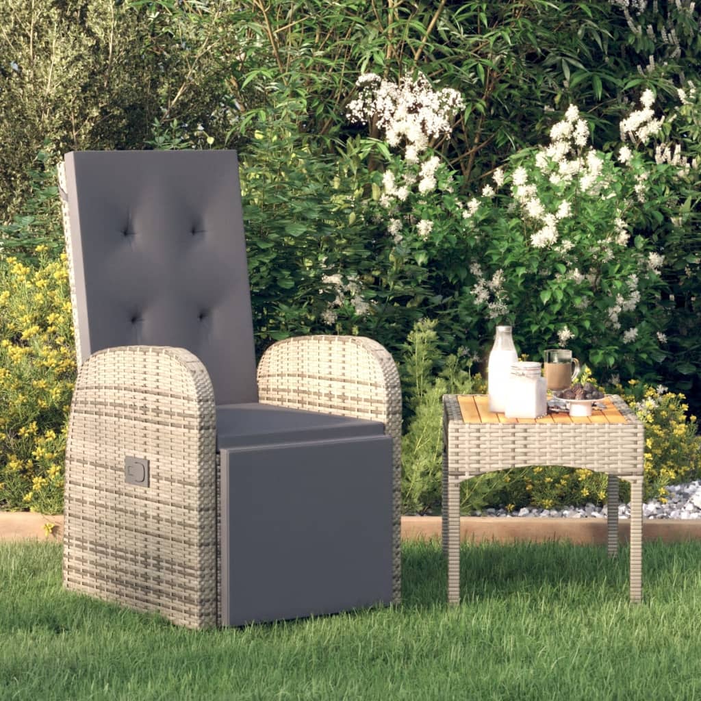vidaXL كرسي حديقة قابل للإمالة مع وسادة بولي روطان رمادي