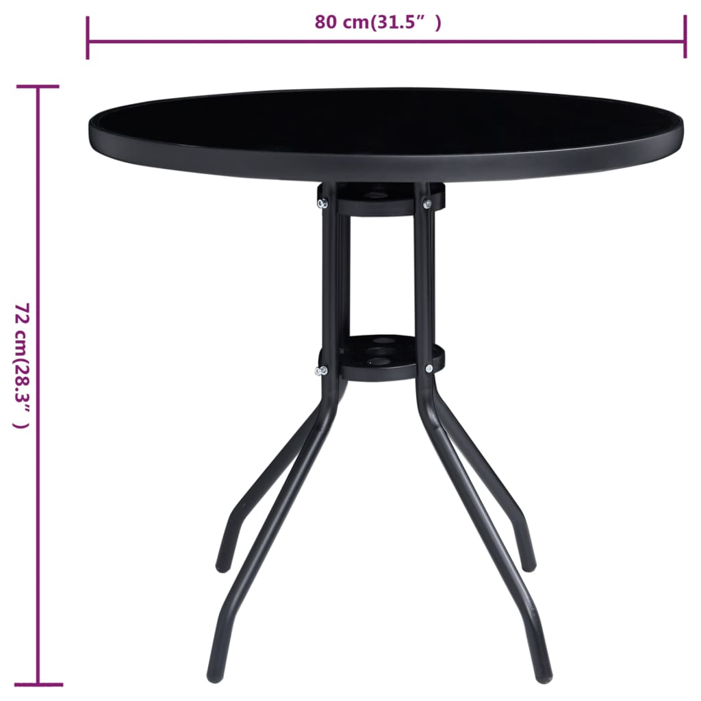 vidaXL طاولة حديقة لون أسود 80 سم فولاذ وزجاج