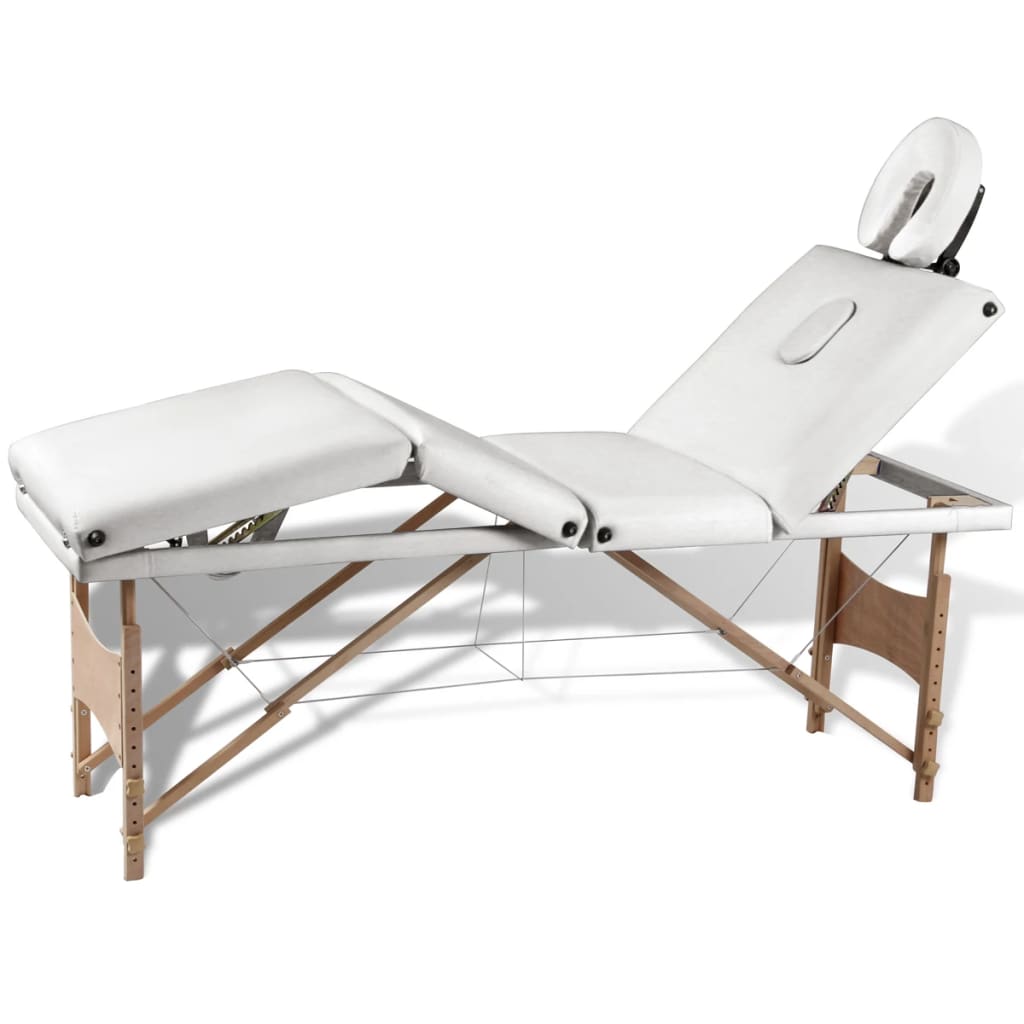 vidaXL طاولة مساج بيضاء كريمي قابلة للطي 4 أقسام بإطار خشبي