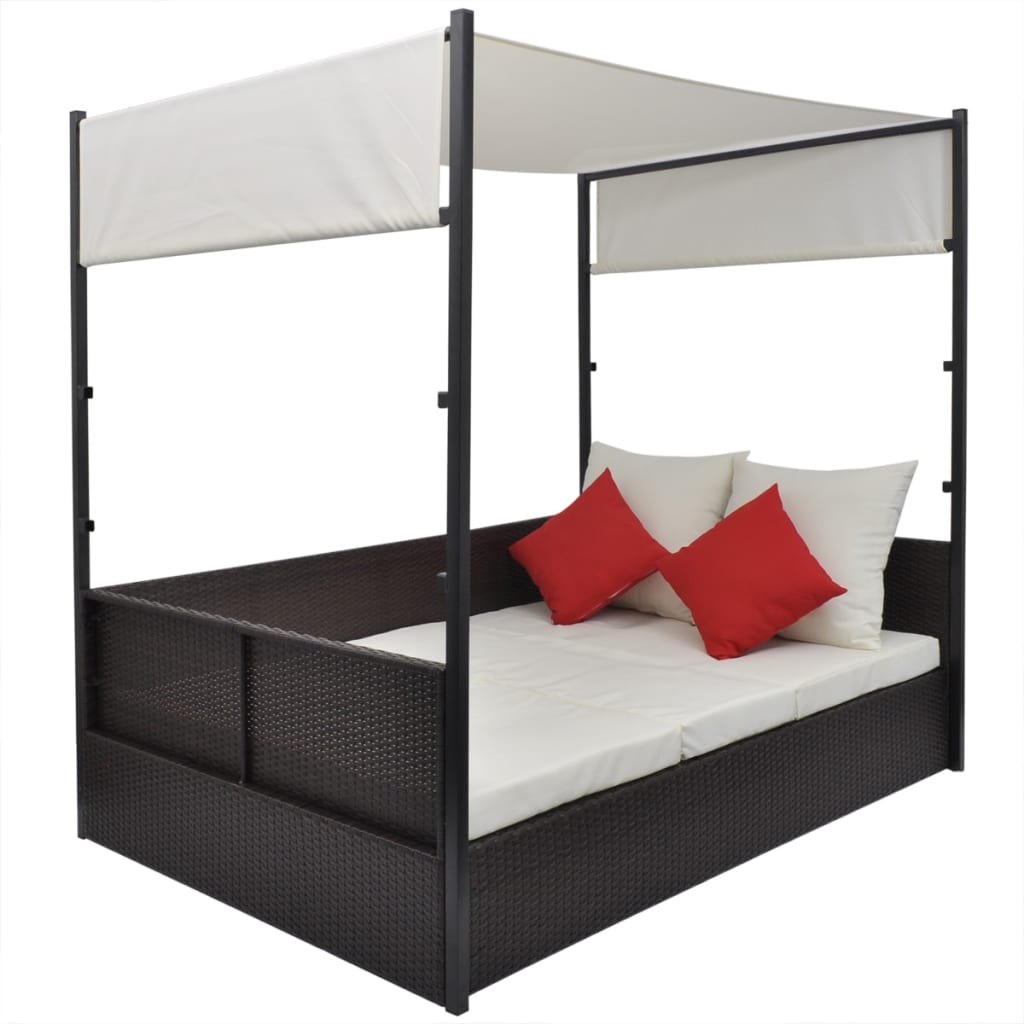 vidaXL سرير حديقة مع مظلة بني 190×130 سم بولي روطان