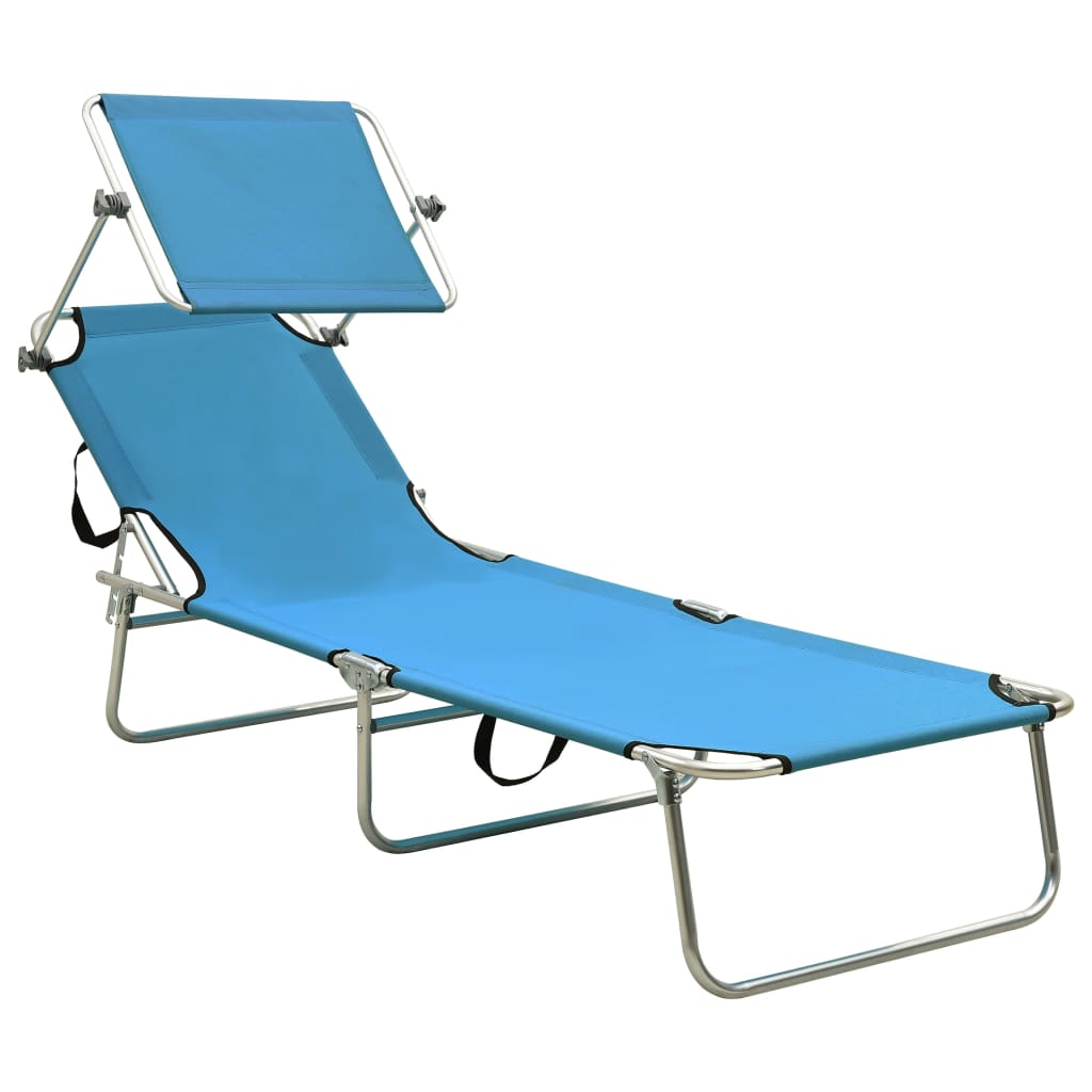 vidaXL كرسي تشمس قابل للطي مع مظلة فولاذ فيروزي وأزرق