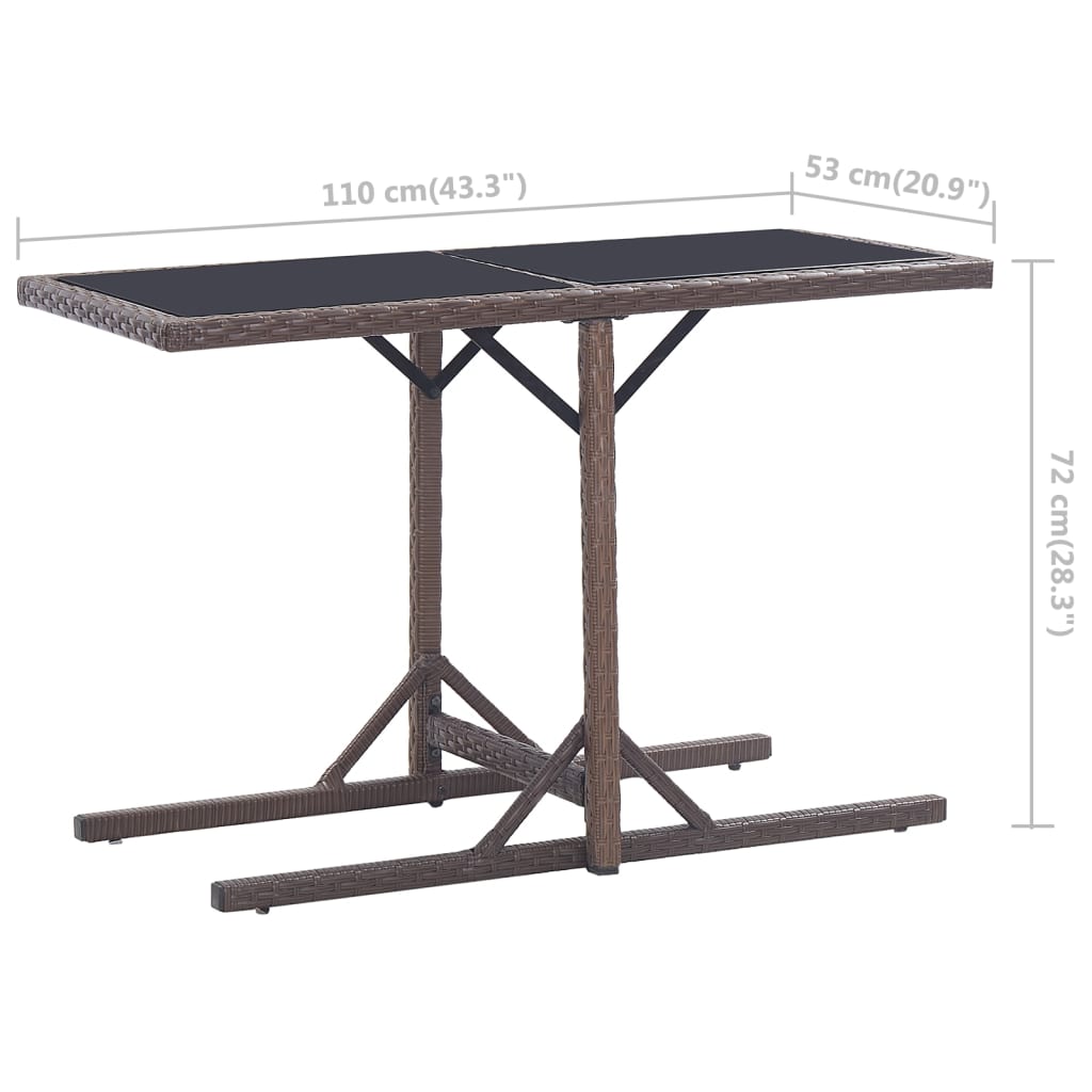 vidaXL طاولة حديقة لون بني 110×53×72 سم زجاج وبولي روطان