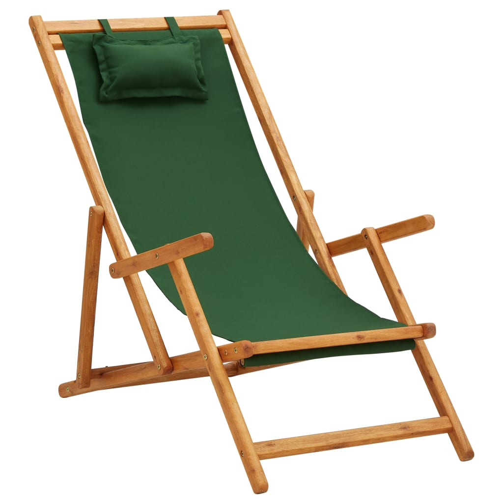 vidaXL كرسي شاطئ قابل للطي خشب أوكالبتوس صلب وقماش أخضر