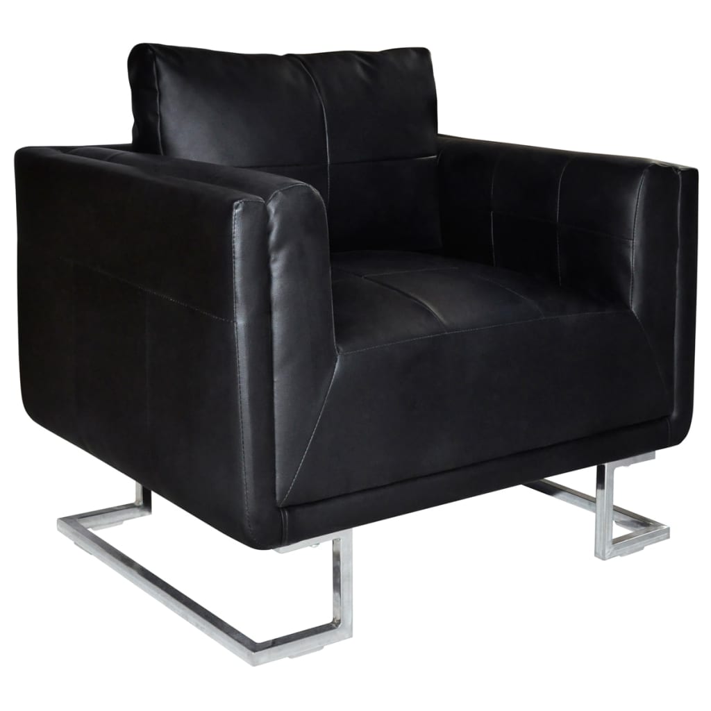 vidaXL كرسي بذراعين مكعب الشكل بأقدام كرومية وجلد صناعي أسود