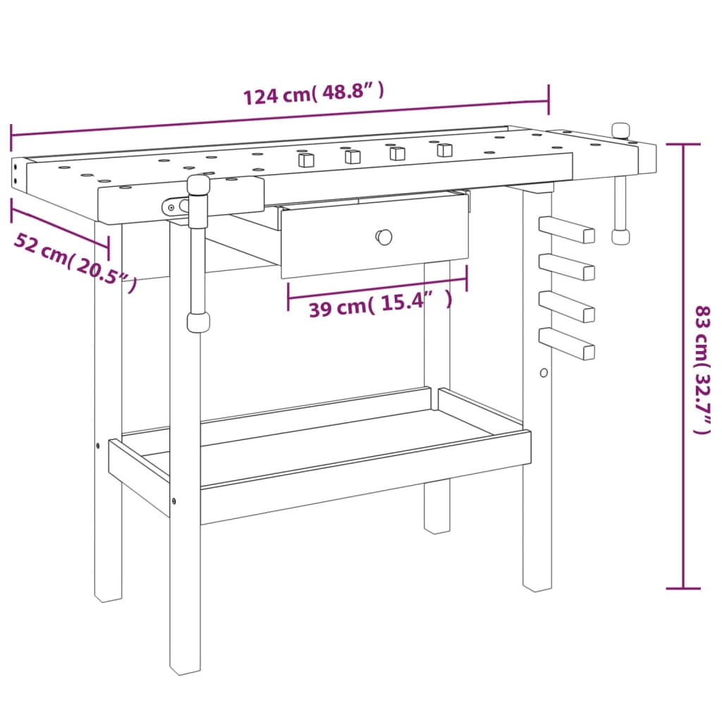 vidaXL طاولة عمل مع درج وملازم 83x52x124 سم خشب أكاسيا صلب