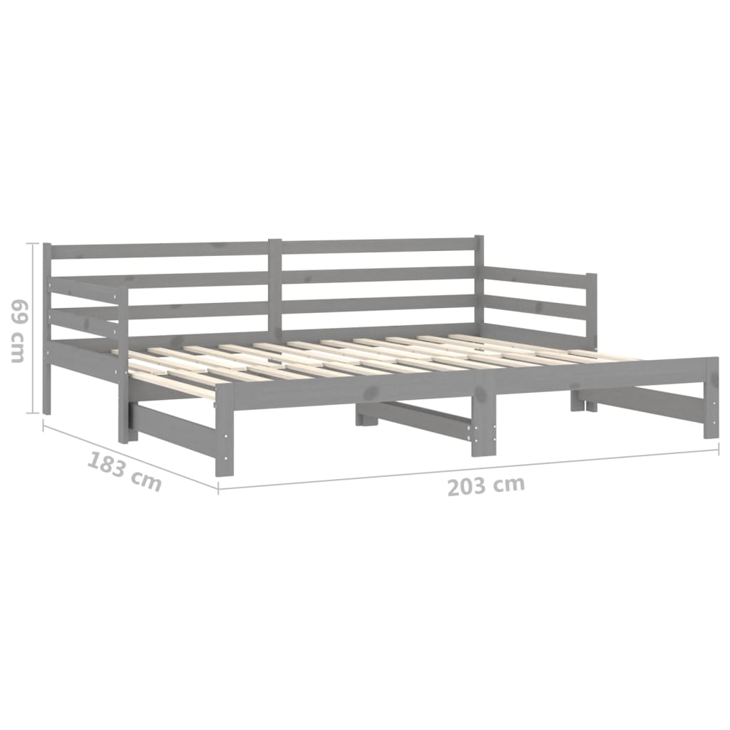 vidaXL سرير نهاري قابل للسحب خشب صنوبر صلب رمادي 2×(90×200) سم