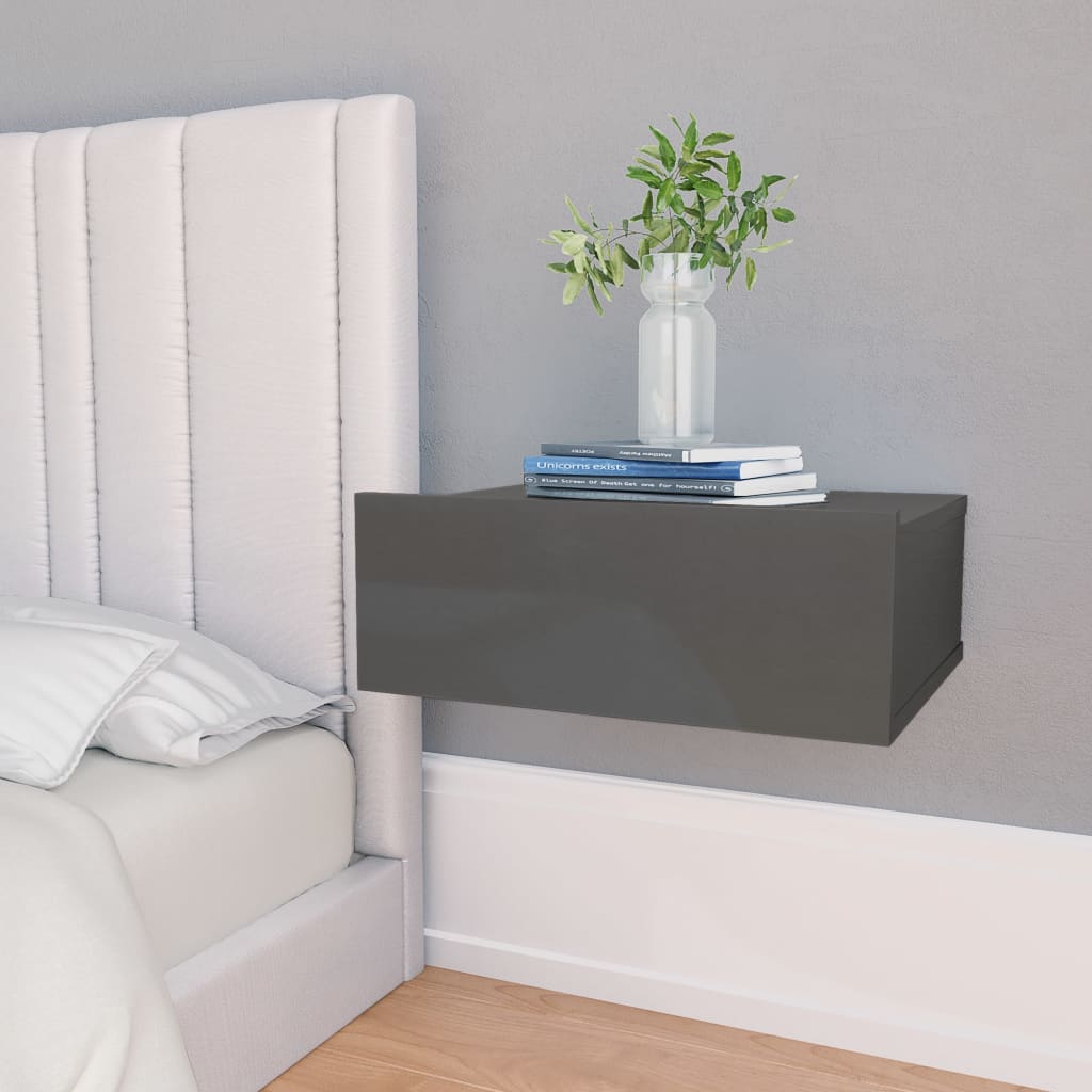 vidaXL منضدة سرير عائمة رمادي لامع 40×30×15 سم خشب مضغوط
