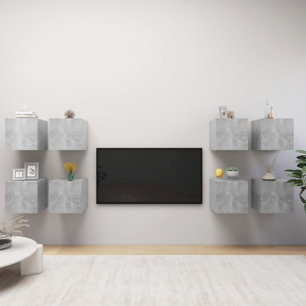 vidaXL خزانات تلفزيون مثبتة على الحائط 8ق رمادي أسمنتي 30x30x30.5 سم