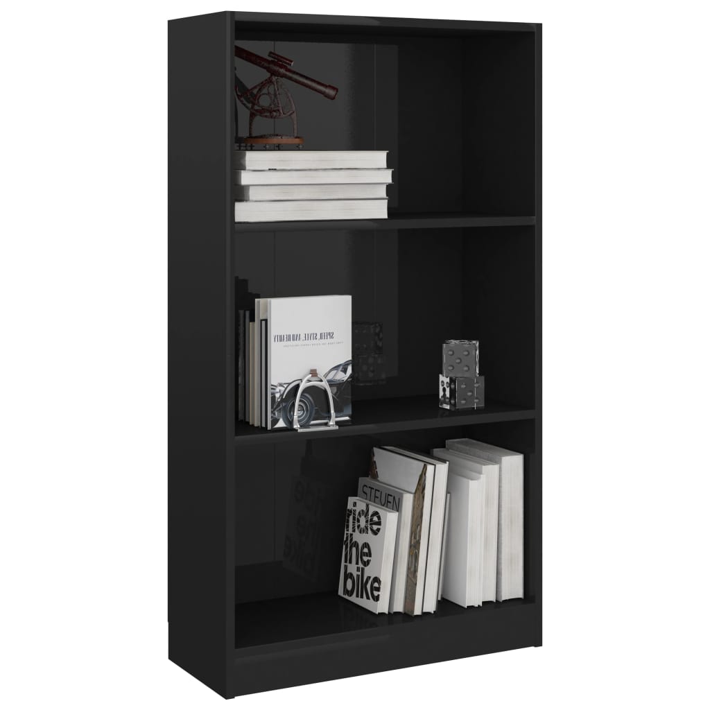 vidaXL 800871 vidaXL 3-Tier Book Cabinet High Gloss Black 60x24x109 cm Engineered Wood