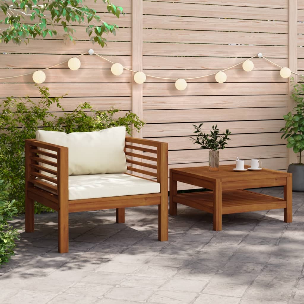 vidaXL طقم 2 قطعة أريكة حديقة مع وسائد أبيض كريمي خشب أكاسيا