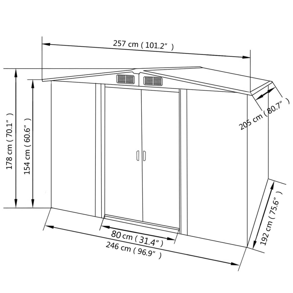 vidaXL كشك حديقة للتخزين رمادي فولاذ 257×205×178 سم 178 سم