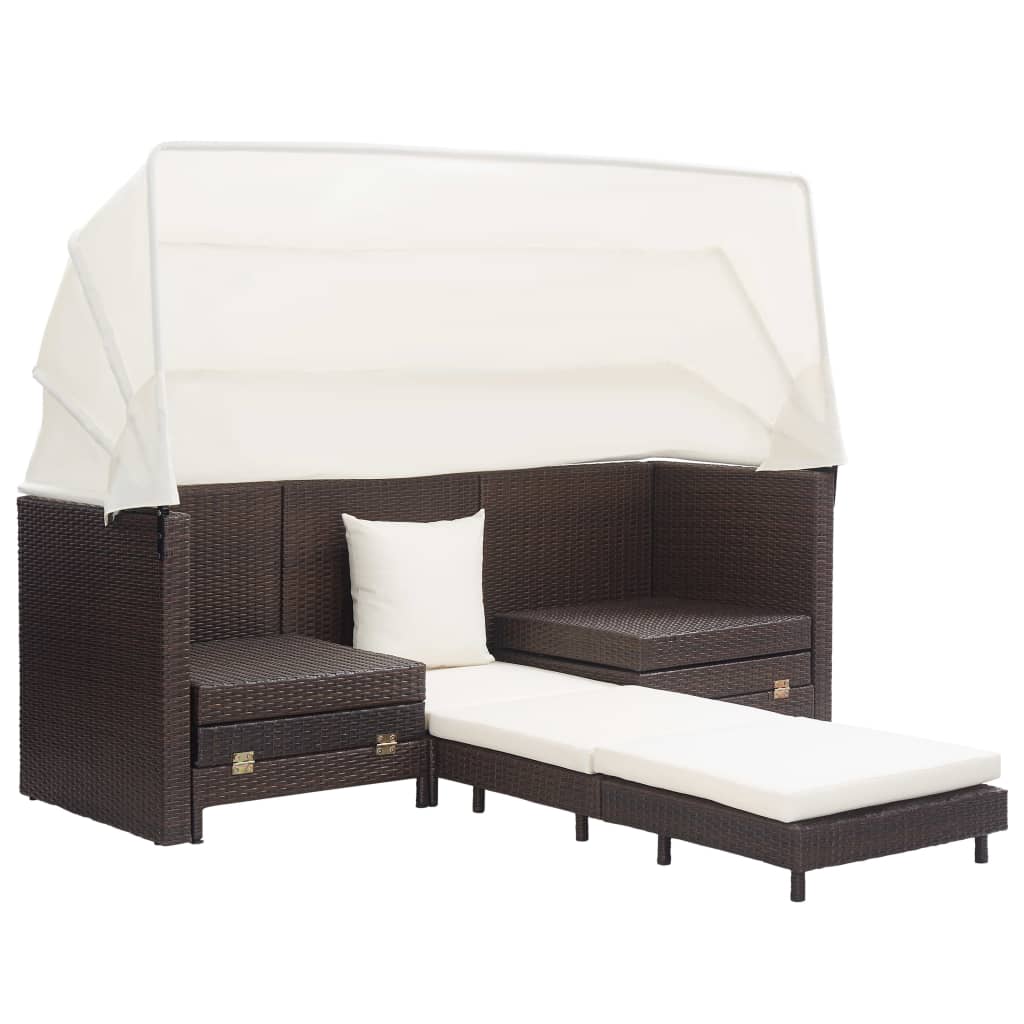 vidaXL سرير أريكة 3 مقاعد قابل للتمدد مع سقف بولي روطان بني