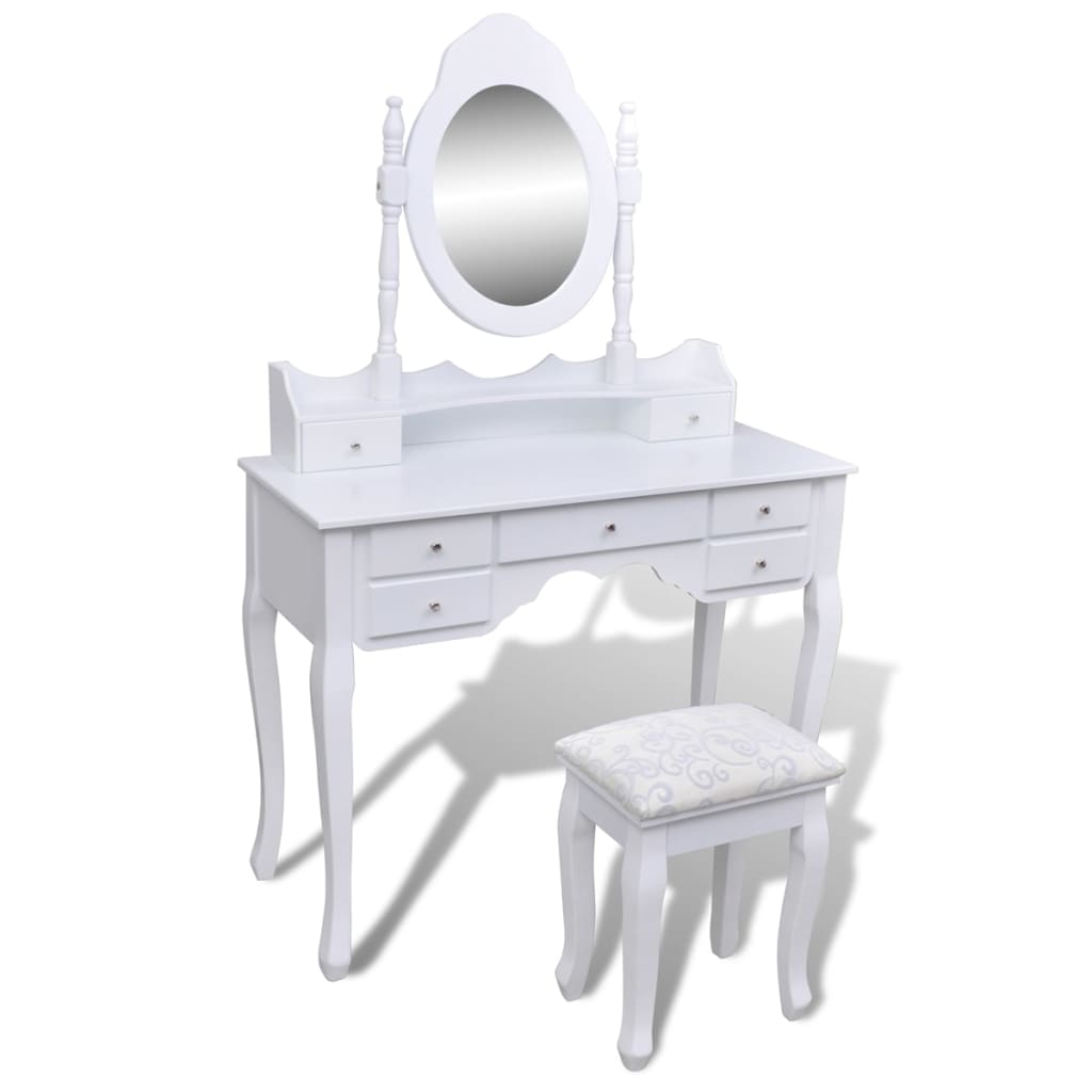 vidaXL طاولة تسريحة بـ 7 أدراج مع مرآة وكرسي أبيض