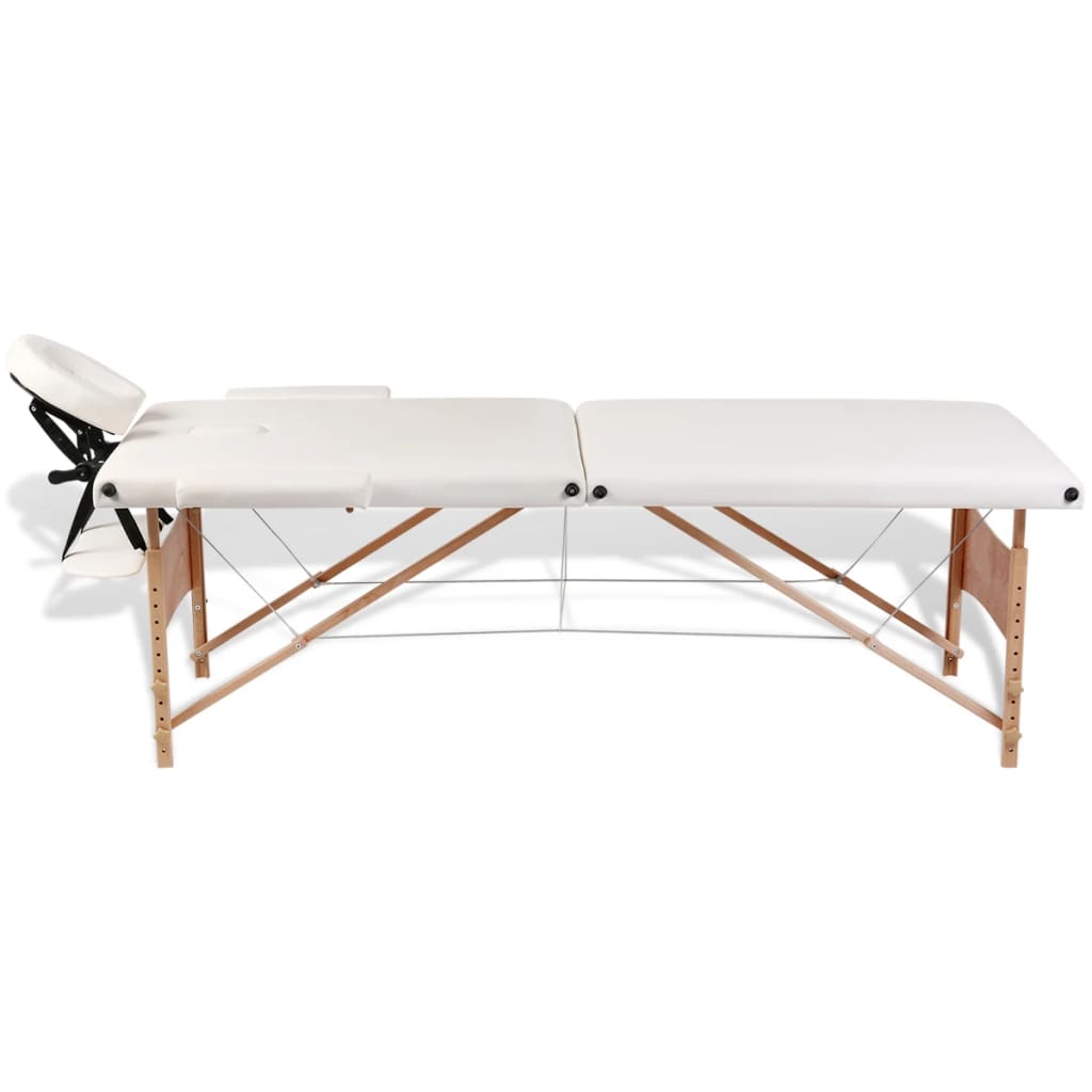 vidaXL طاولة مساج بيضاء كريمي قابلة للطي 2 أقسام بإطار خشبي