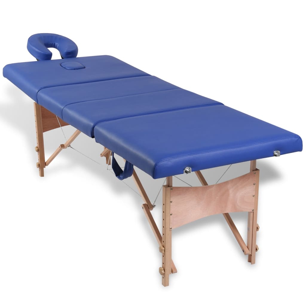 vidaXL طاولة مساج زرقاء قابلة للطي 4 أقسام بإطار خشبي