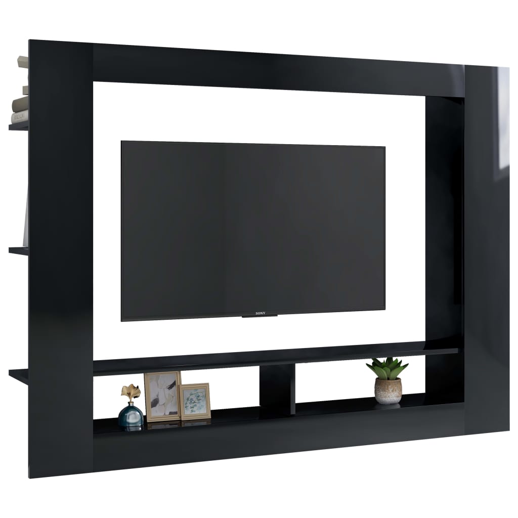 vidaXL خزانة تلفزيون أسود لامع 152×22×113 سم خشب حبيبي