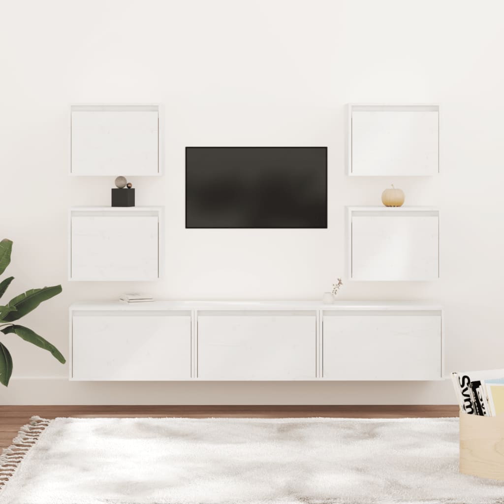 vidaXL خزانات تلفزيون 7 قطع لون أبيض خشب صنوبر صلب