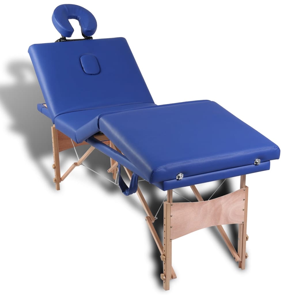 vidaXL طاولة مساج زرقاء قابلة للطي 4 أقسام بإطار خشبي