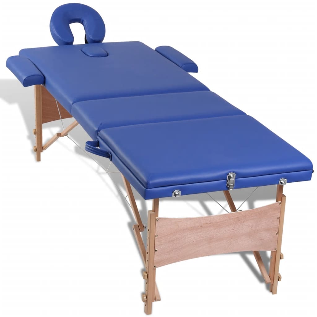 vidaXL طاولة مساج زرقاء قابلة للطي 3 أقسام بإطار خشبي