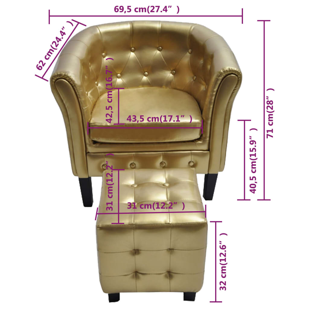 vidaXL كرسي مستدير مع مسند قدم ذهبي جلد صناعي