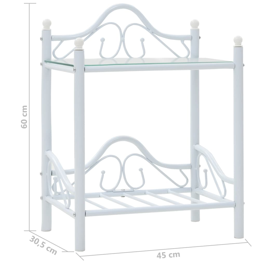vidaXL طاولة سرير جانبية فولاذ وزجاج مقسّى 45×30.5×60 سم أبيض