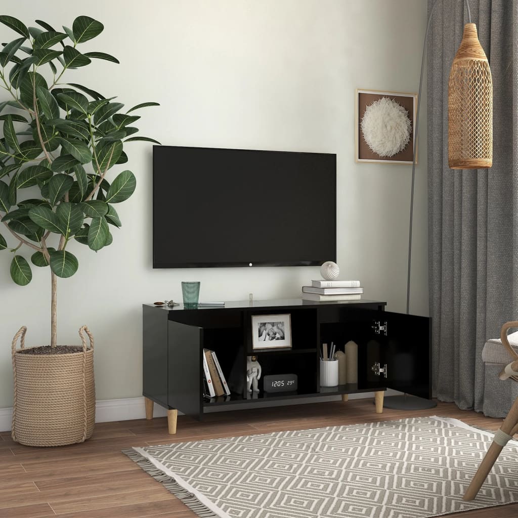 vidaXL خزانة تلفزيون بأرجل خشبية صلبة أسود 103.5×35×50 سم