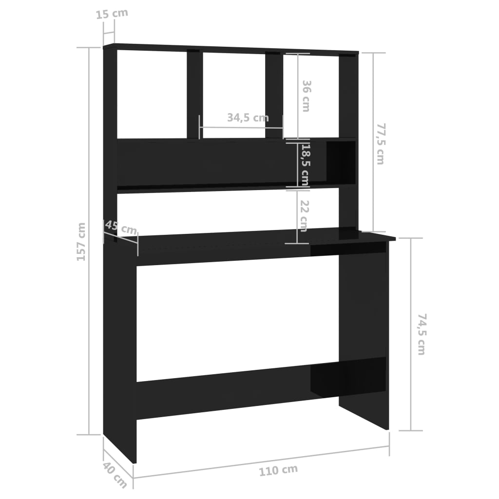 vidaXL مكتب ذو رفوف أسود لامع 110×45×157 سم خشب مضغوط