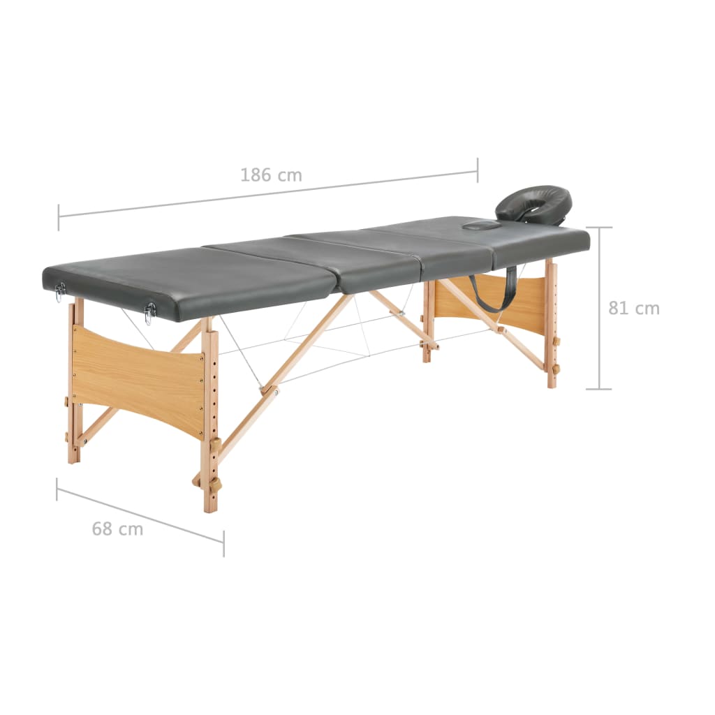 vidaXL طاولة مساج ذات 4 أقسام وإطار خشبي أنثراسيت 186×68 سم