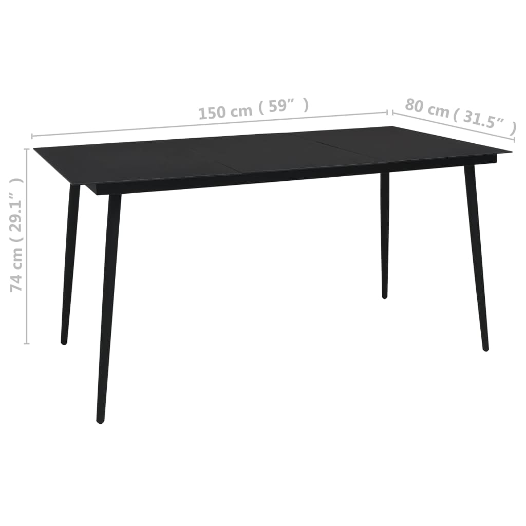 vidaXL طاولة سفرة حديقة لون أسود 150×80×74 سم فولاذ وزجاج