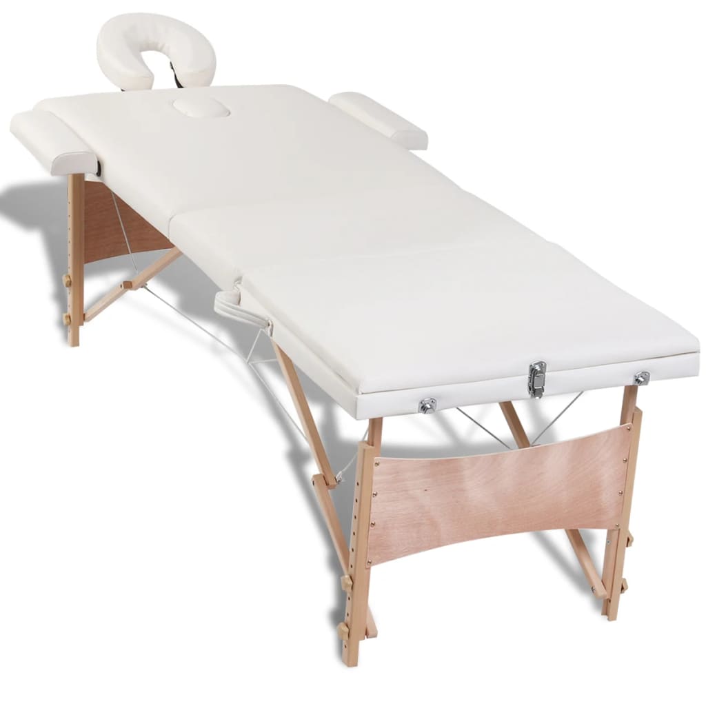 vidaXL طاولة مساج بيضاء كريمي قابلة للطي 3 أقسام بإطار خشبي