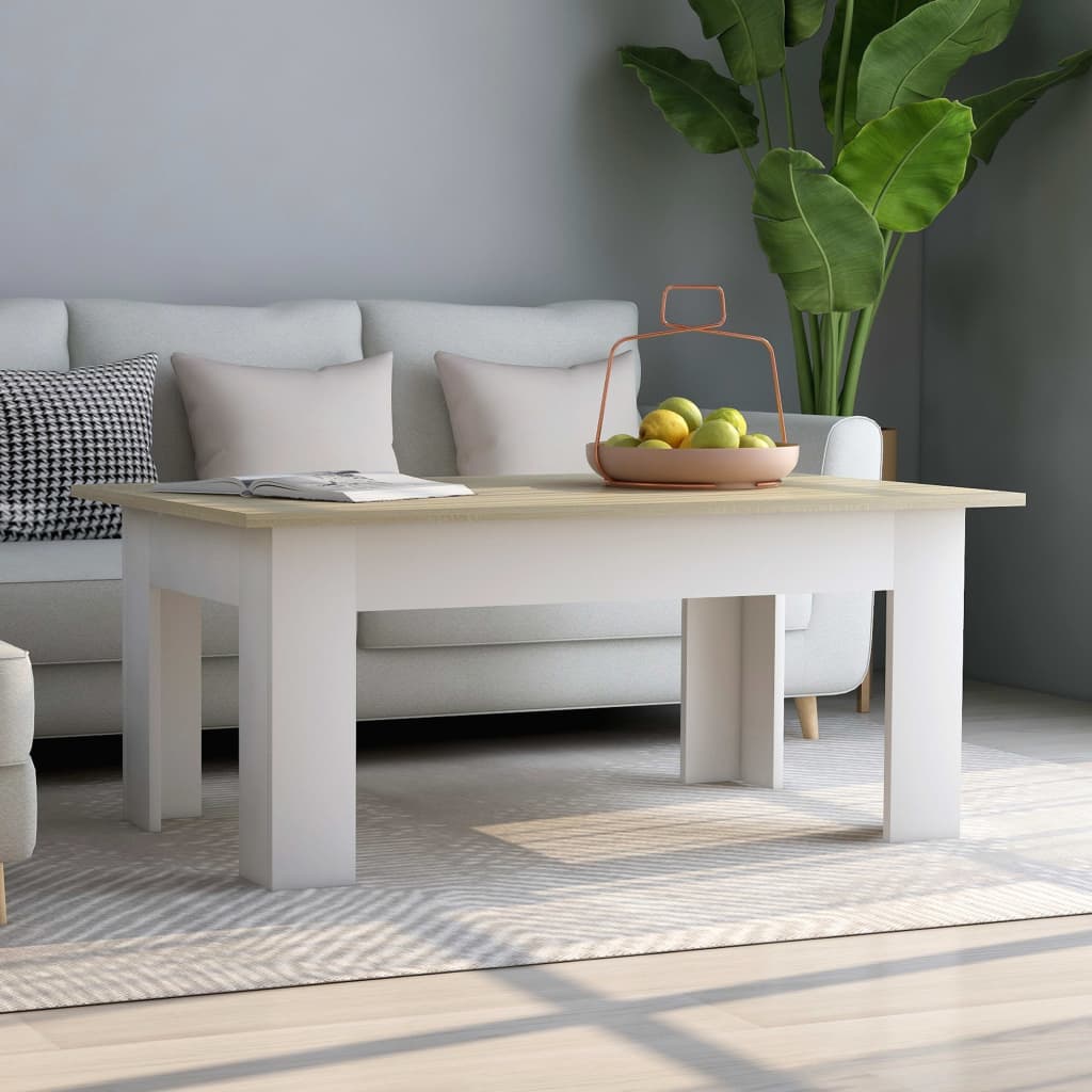 vidaXL طاولة قهوة أبيض وسونوما أوك 100×60×42 سم خشب حبيبي