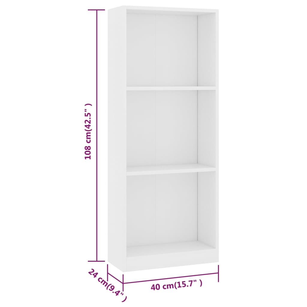 vidaXL خزانة كتب 3 طبقات أبيض 40×24×108 سم خشب مضغوط