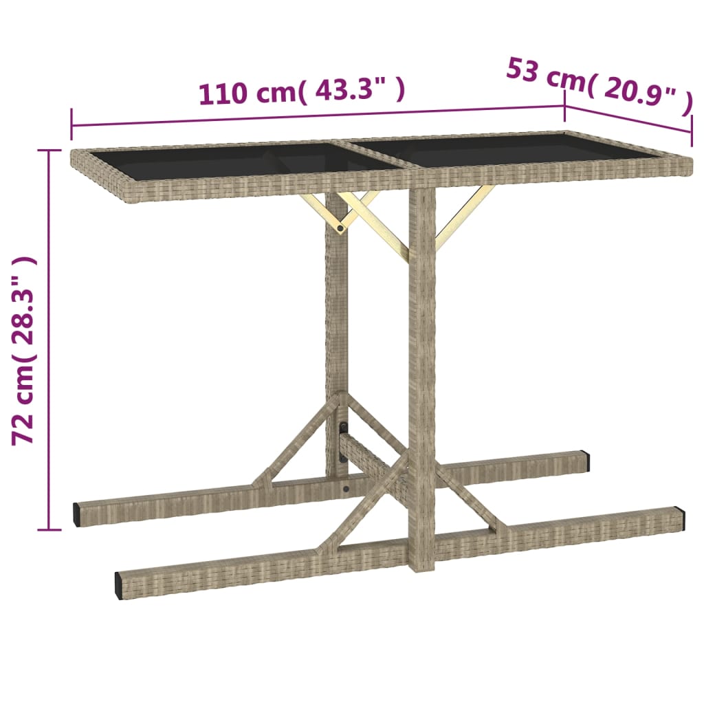 vidaXL طاولة حديقة لون بيج 110×53×72 سم زجاج وبولي روطان