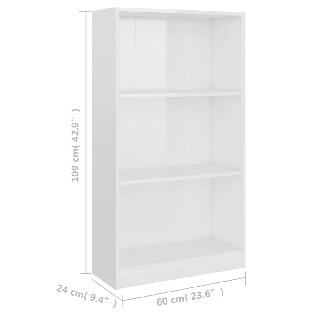 vidaXL 800870 vidaXL 3-Tier Book Cabinet High Gloss White 60x24x109 cm Engineered Wood