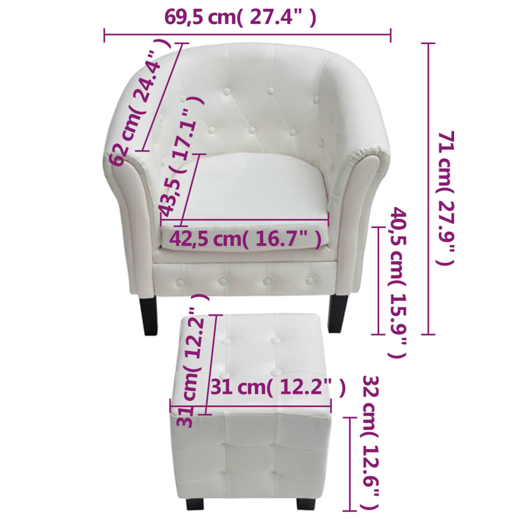 vidaXL كرسي مستدير مع مسند قدم أبيض جلد صناعي
